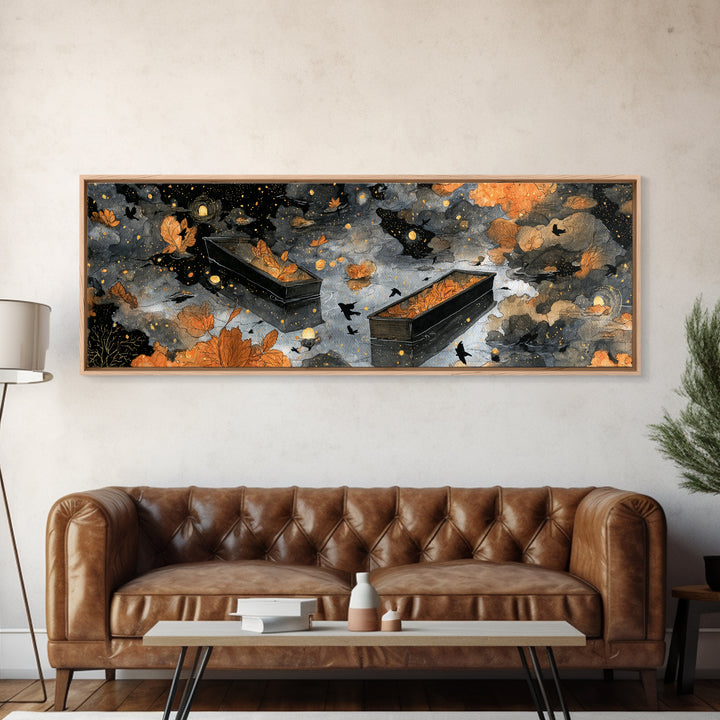 The Floating Coffin Garden - Surreal Celestial Vision, Spooky Wall Decor, Extra Wide Wall Art, Framed Canvas Print, Halloween Home Decor
