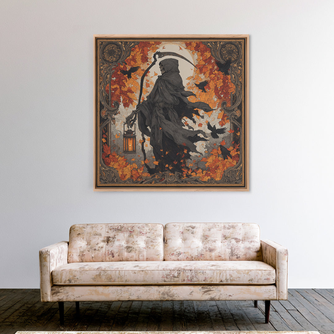 The Autumn Reaper Parade - Icon Portrait, Spooky Wall Decor, Square Wall Art, Framed Canvas Print, Halloween Home Decor, Gothic Wall Art