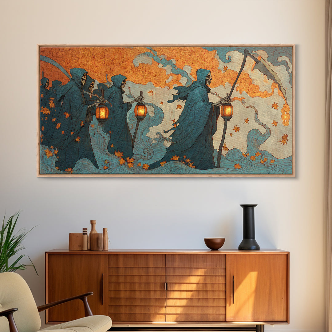 The Autumn Reaper Parade - Icon Portrait, Dark Fantasy Wall Art, Wide Panoramic Art, Canvas Print, Halloween Home Decor, Gothic Wall Art