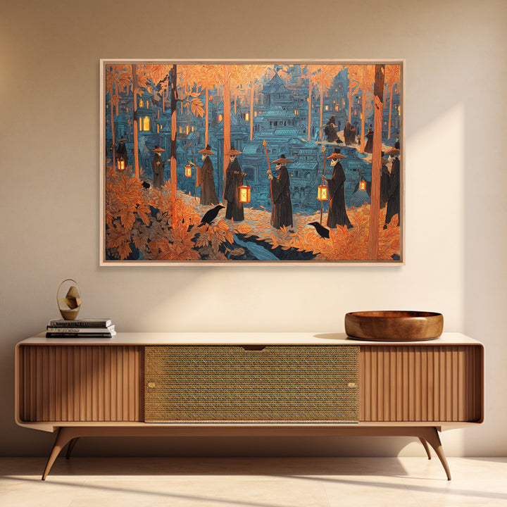 The Autumn Reaper Parade - Environmental Panorama, Macabre Halloween Art, Landscape Wall Art, Framed Canvas Print, Halloween Home Decor