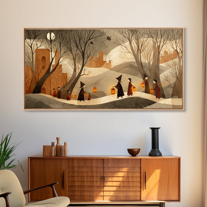The Autumn Reaper Parade - Environmental Panorama, Spooky Wall Decor, Wide Panoramic Art, Framed Canvas Print, Halloween Home Decor