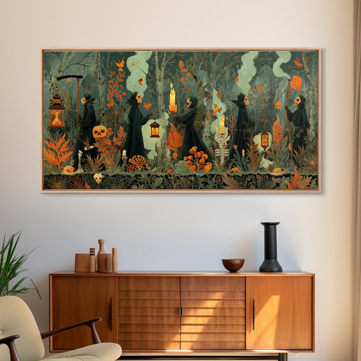 The Autumn Reaper Parade - Occult Still Life, Occult Wall Decor, Wide Panoramic Art, Canvas Print, Halloween Home Decor, Gothic Wall Art