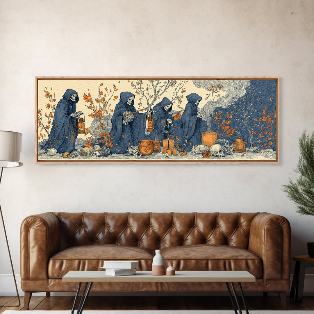 The Autumn Reaper Parade - Occult Still Life, Halloween Wall Art, Extra Wide Wall Art, Framed Canvas Print, Halloween Home Decor