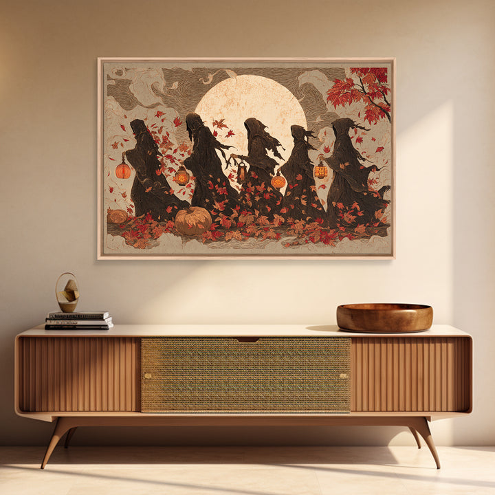 The Autumn Reaper Parade - Procession Scene, Macabre Halloween Art, Landscape Wall Art, Framed Canvas Print, Halloween Home Decor