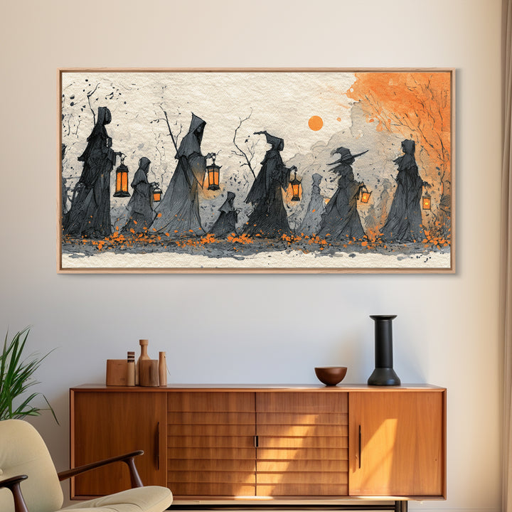 The Autumn Reaper Parade - Procession Scene, Spooky Wall Decor, Wide Panoramic Art, Framed Canvas Print, Halloween Home Decor