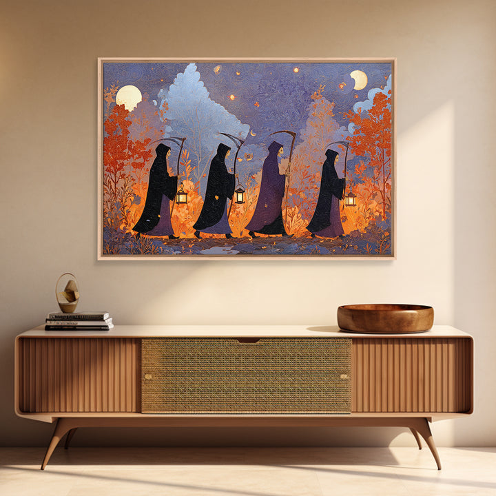 The Autumn Reaper Parade - Surreal Celestial Vision, Spooky Wall Decor, Landscape Wall Art, Framed Canvas Print, Halloween Home Decor