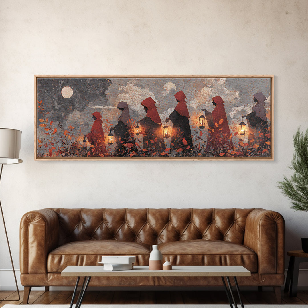 The Autumn Reaper Parade - Surreal Celestial Vision, Spooky Wall Decor, Extra Wide Wall Art, Framed Canvas Print, Halloween Home Decor