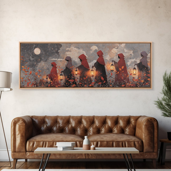 The Autumn Reaper Parade - Surreal Celestial Vision, Spooky Wall Decor, Extra Wide Wall Art, Framed Canvas Print, Halloween Home Decor