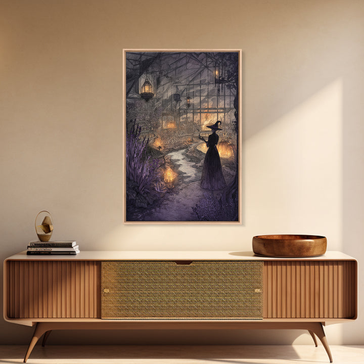 The Witch Queen Greenhouse - Environmental Panorama, Halloween Wall Art, Vertical Wall Art, Framed Canvas Print, Halloween Home Decor