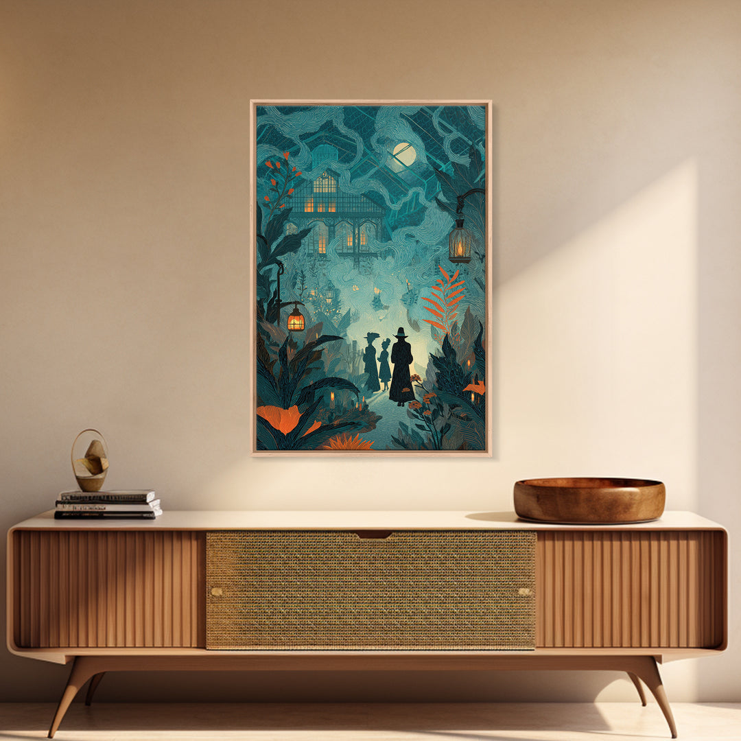 The Witch Queen Greenhouse - Procession Scene, Macabre Halloween Art, Vertical Wall Art, Framed Canvas Print, Halloween Home Decor