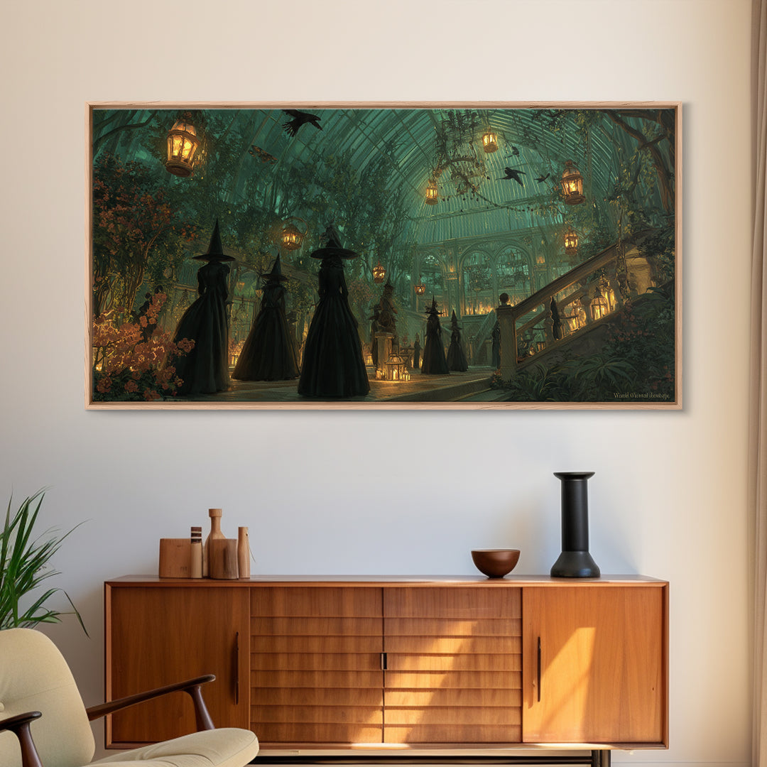 The Witch Queen Greenhouse - Procession Scene, Spooky Wall Decor, Wide Panoramic Art, Framed Canvas Print, Halloween Home Decor