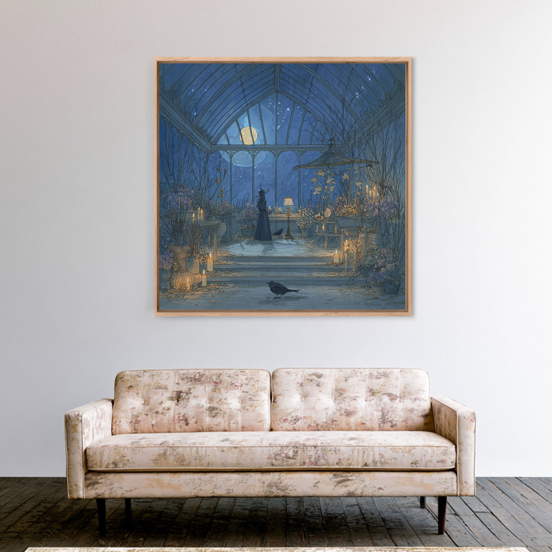 The Witch Queen Greenhouse - Surreal Celestial Vision, Spooky Wall Decor, Square Wall Art, Framed Canvas Print, Halloween Home Decor