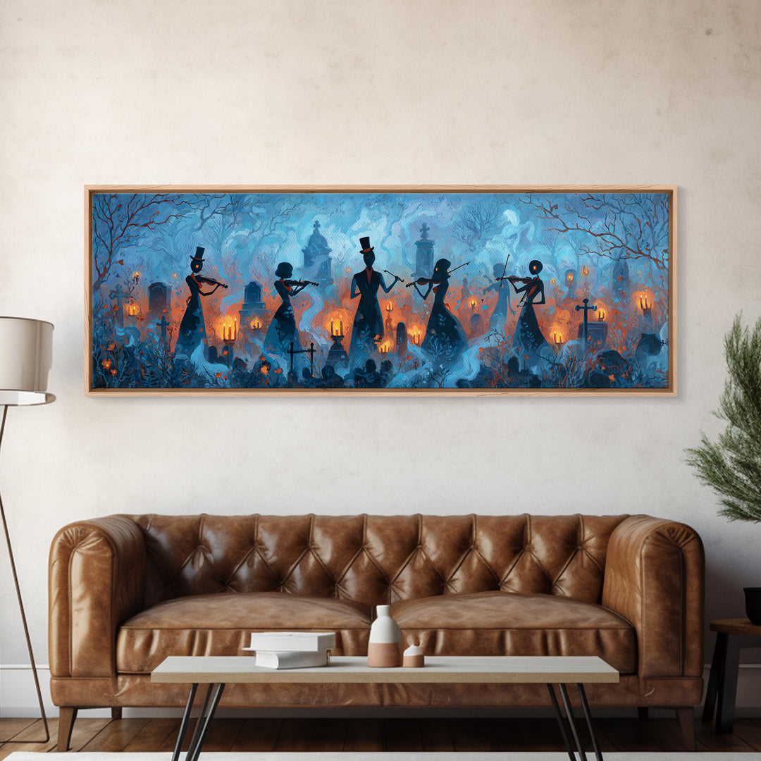 The Ghostly Violin Procession - Icon Portrait, Macabre Halloween Art, Extra Wide Wall Art, Framed Canvas Print, Halloween Home Decor
