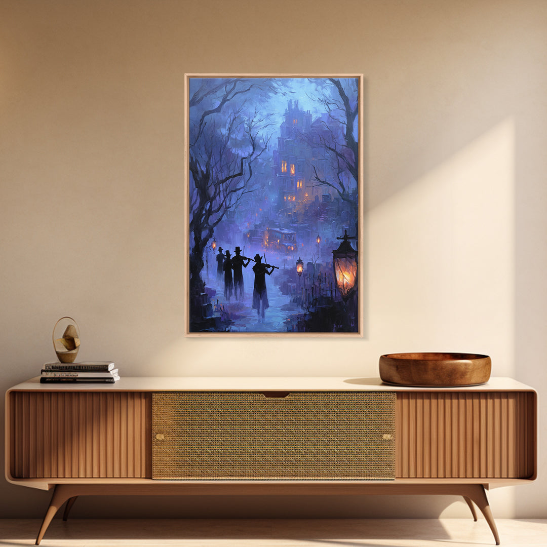 The Ghostly Violin Procession - Environmental Panorama, Spooky Wall Decor, Vertical Wall Art, Framed Canvas Print, Halloween Home Decor