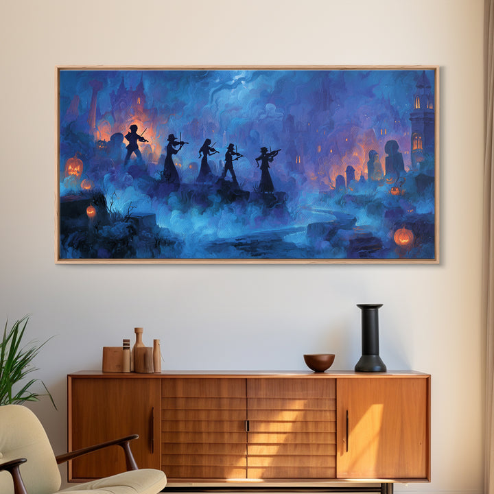 The Ghostly Violin Procession - Environmental Panorama, Occult Wall Decor, Wide Panoramic Art, Canvas Print, Halloween Home Decor