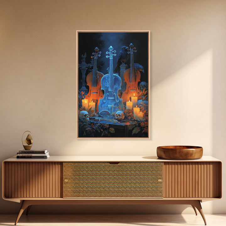 The Ghostly Violin Procession - Occult Still Life, Halloween Wall Art, Vertical Wall Art, Framed Canvas Print, Halloween Home Decor