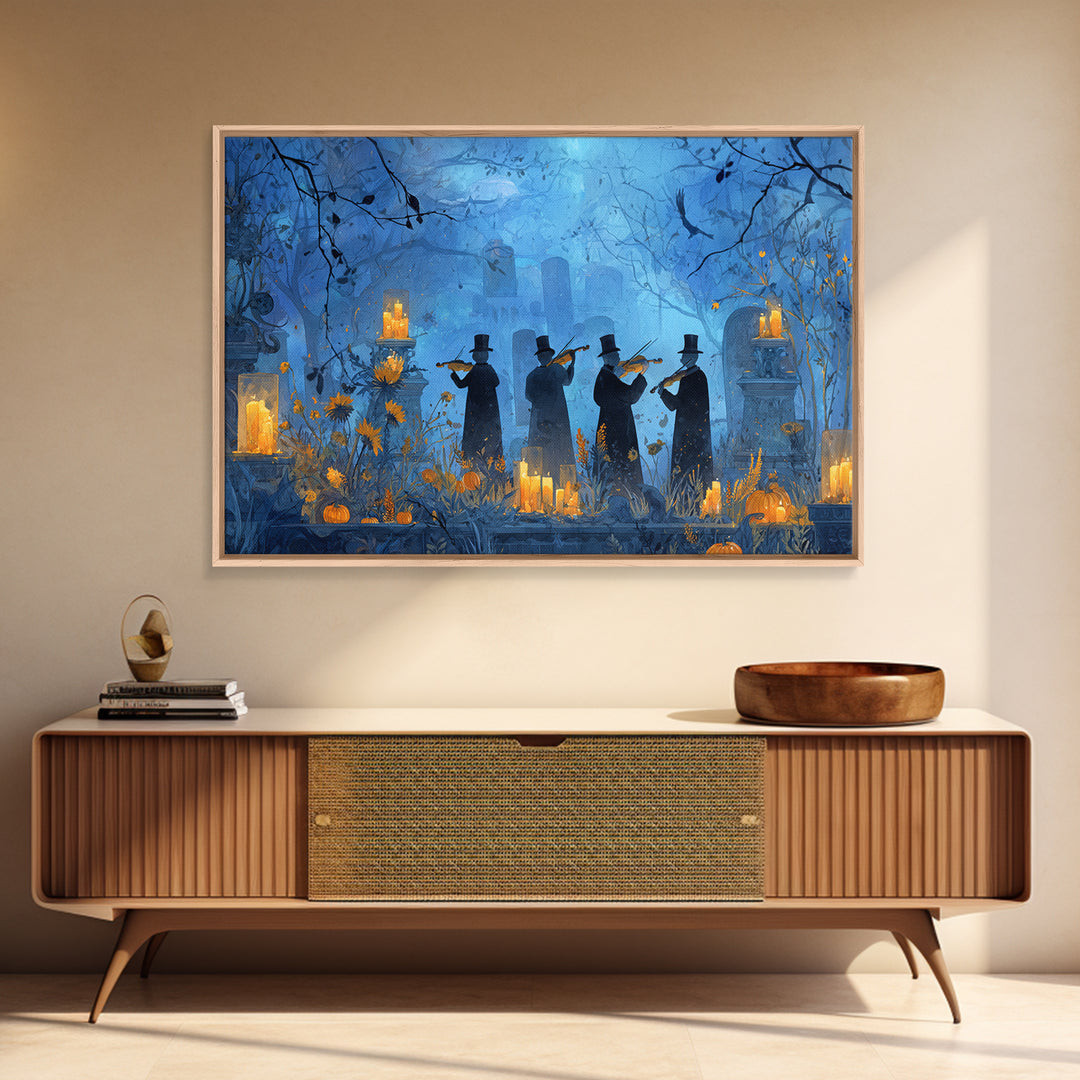 The Ghostly Violin Procession - Occult Still Life, Spooky Wall Decor, Landscape Wall Art, Framed Canvas Print, Halloween Home Decor