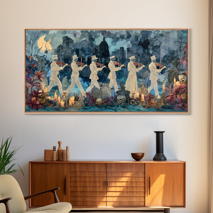The Ghostly Violin Procession - Occult Still Life, Spooky Wall Decor, Wide Panoramic Art, Framed Canvas Print, Halloween Home Decor