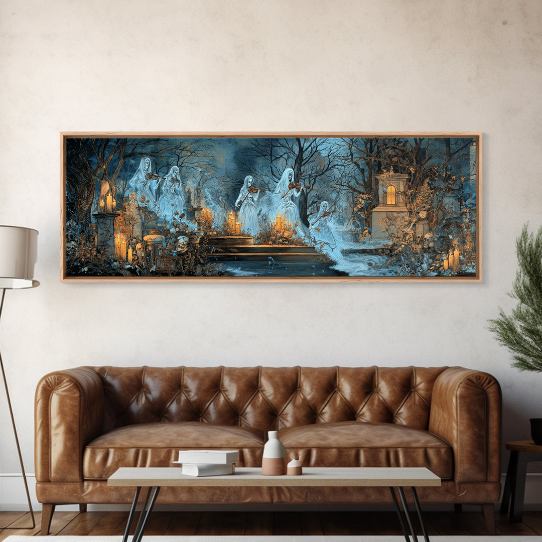 The Ghostly Violin Procession - Occult Still Life, Occult Wall Decor, Extra Wide Wall Art, Canvas Print, Halloween Home Decor