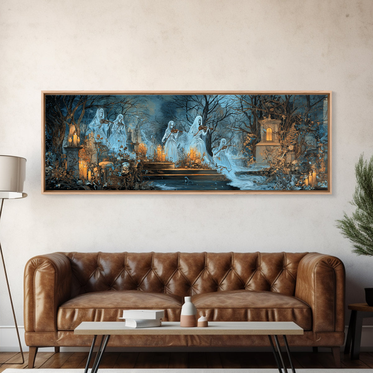 The Ghostly Violin Procession - Occult Still Life, Occult Wall Decor, Extra Wide Wall Art, Canvas Print, Halloween Home Decor