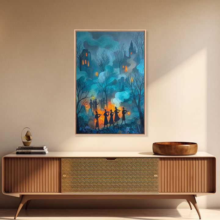 The Ghostly Violin Procession - Procession Scene, Macabre Halloween Art, Vertical Wall Art, Framed Canvas Print, Halloween Home Decor