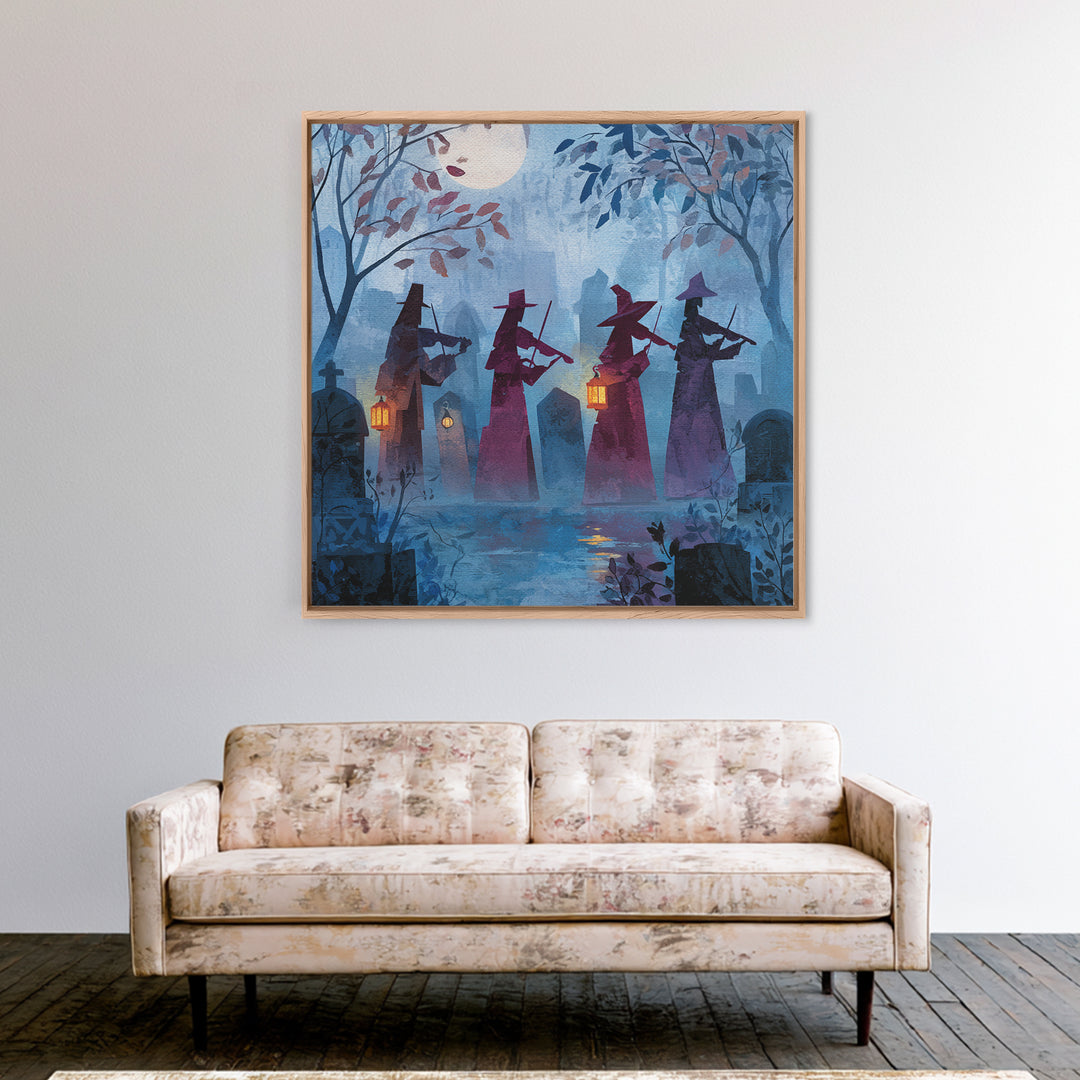 The Ghostly Violin Procession - Procession Scene, Macabre Halloween Art, Square Wall Art, Framed Canvas Print, Halloween Home Decor