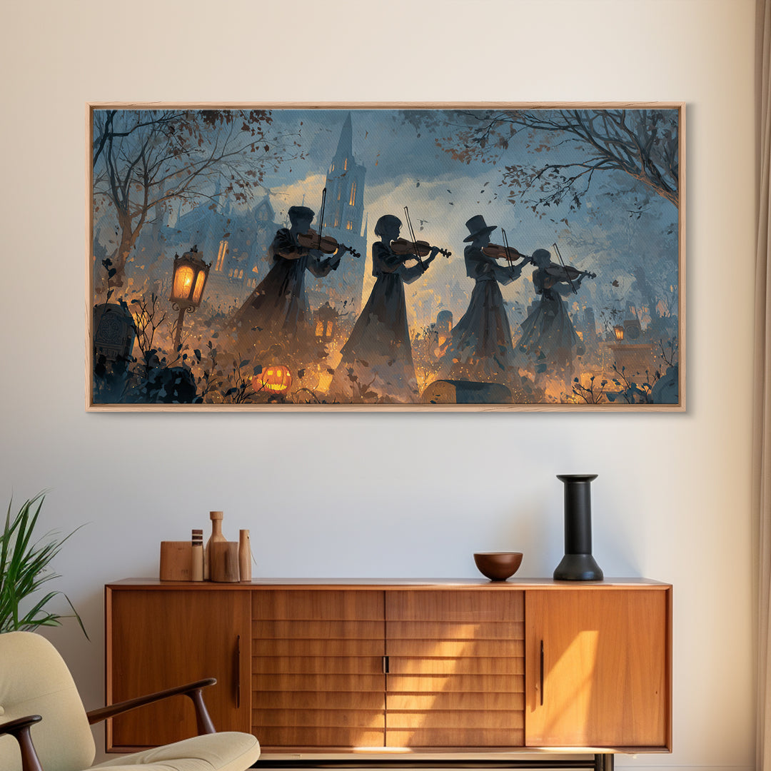 The Ghostly Violin Procession - Procession Scene, Occult Wall Decor, Wide Panoramic Art, Canvas Print, Halloween Home Decor, Gothic Wall Art