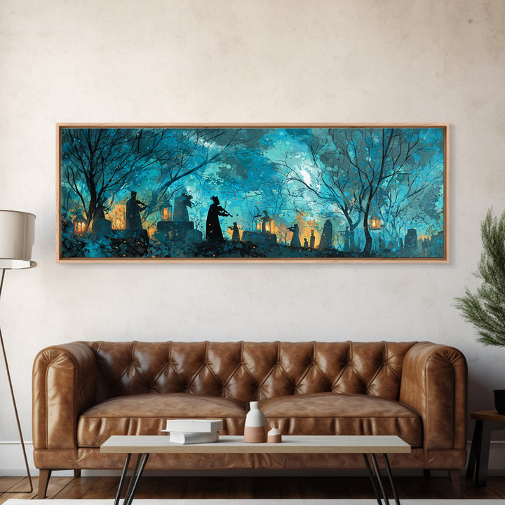 The Ghostly Violin Procession - Procession Scene, Spooky Wall Decor, Extra Wide Wall Art, Framed Canvas Print, Halloween Home Decor