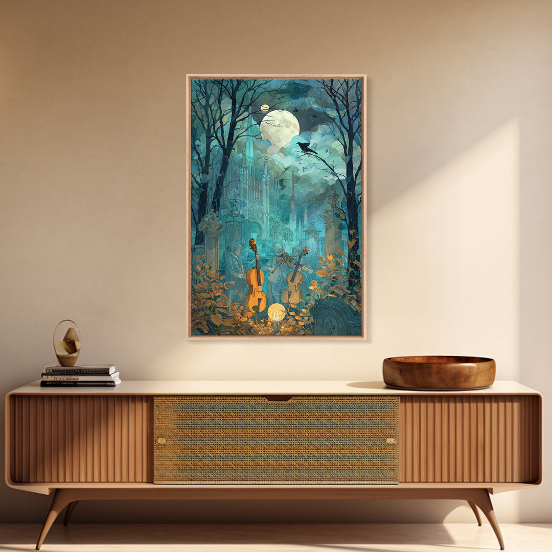 The Ghostly Violin Procession - Surreal Celestial Vision, Occult Wall Decor, Vertical Wall Art, Canvas Print, Halloween Home Decor