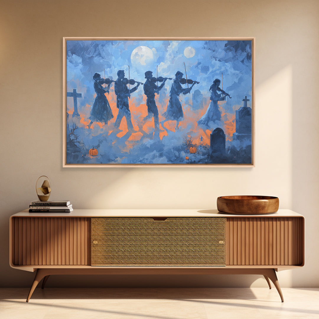 The Ghostly Violin Procession - Surreal Celestial Vision, Macabre Halloween Art, Landscape Wall Art, Framed Canvas Print, Gothic Wall Art