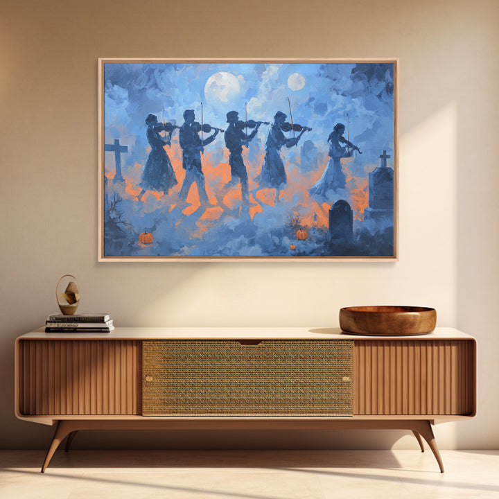 The Ghostly Violin Procession - Surreal Celestial Vision, Macabre Halloween Art, Landscape Wall Art, Framed Canvas Print, Gothic Wall Art