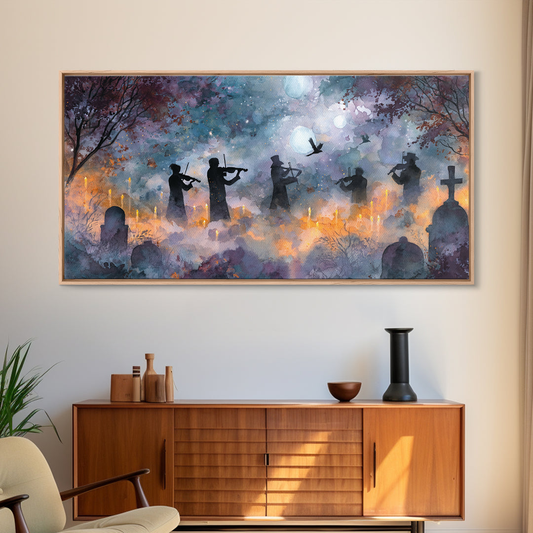 The Ghostly Violin Procession - Surreal Celestial Vision, Gothic Home Decor, Wide Panoramic Art, Canvas Print, Halloween Home Decor