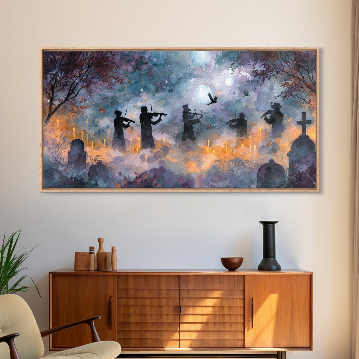 The Ghostly Violin Procession - Surreal Celestial Vision, Gothic Home Decor, Wide Panoramic Art, Canvas Print, Halloween Home Decor