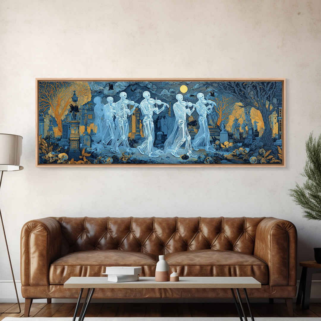 The Ghostly Violin Procession - Surreal Celestial Vision, Spooky Wall Decor, Extra Wide Wall Art, Framed Canvas Print, Halloween Home Decor