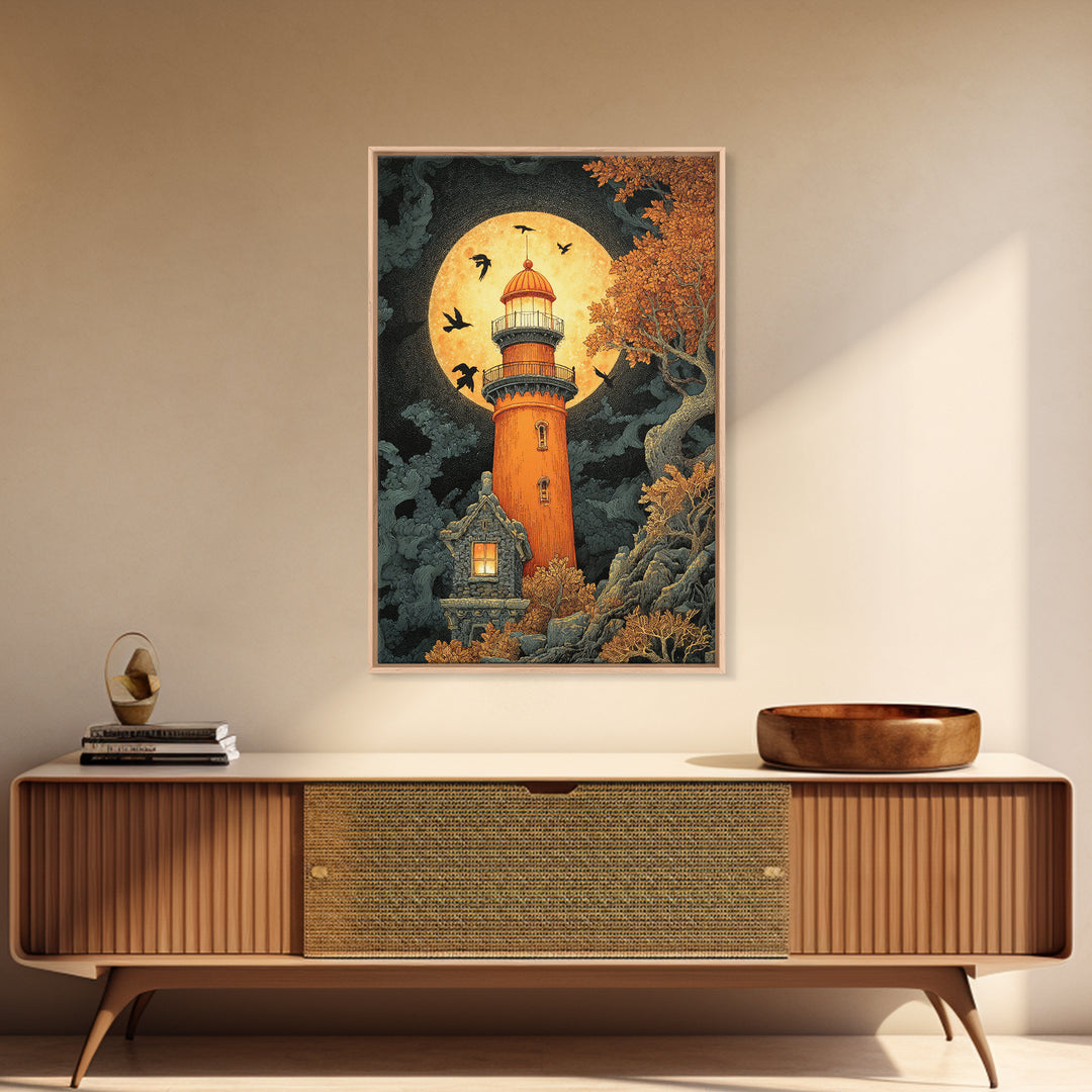 The Pumpkin Moon Lighthouse - Icon Portrait, Gothic Home Decor, Vertical Wall Art, Canvas Print, Halloween Home Decor, Gothic Wall Art