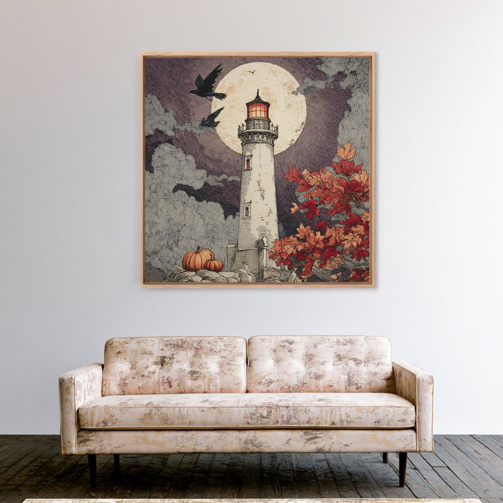 The Pumpkin Moon Lighthouse - Icon Portrait, Occult Wall Decor, Square Wall Art, Canvas Print, Halloween Home Decor, Gothic Wall Art