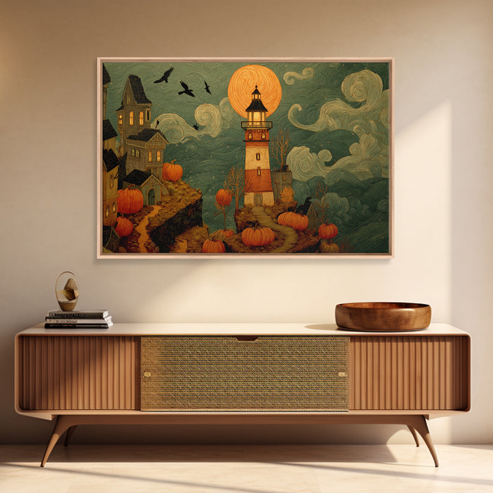 The Pumpkin Moon Lighthouse - Environmental Panorama, Dark Fantasy Wall Art, Landscape Wall Art, Canvas Print, Halloween Home Decor