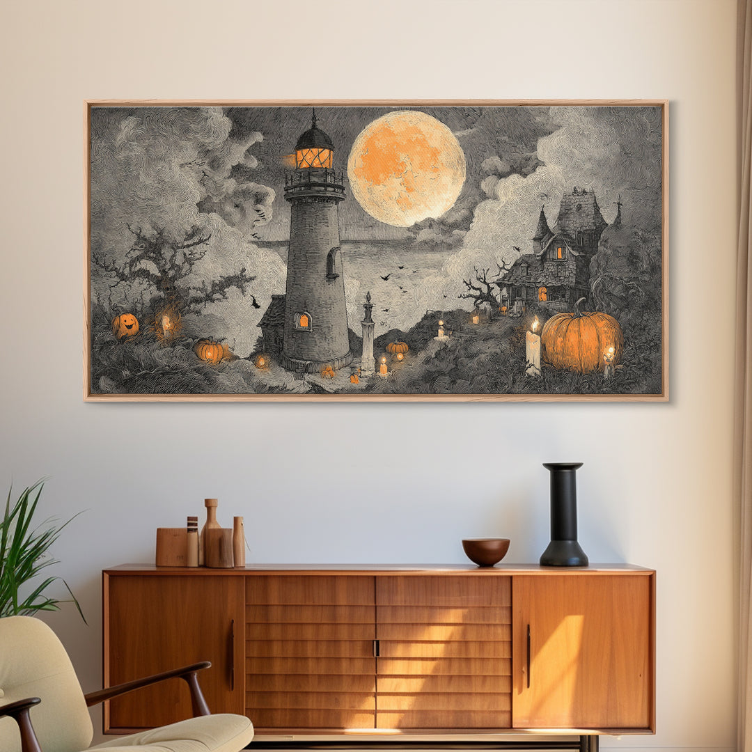 The Pumpkin Moon Lighthouse - Environmental Panorama, Dark Fantasy Wall Art, Wide Panoramic Art, Canvas Print, Halloween Home Decor