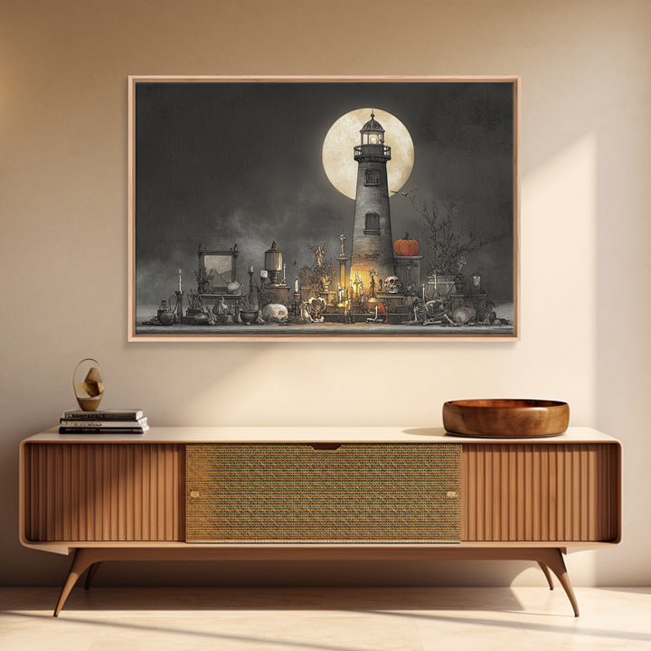 The Pumpkin Moon Lighthouse - Occult Still Life, Occult Wall Decor, Landscape Wall Art, Canvas Print, Halloween Home Decor, Gothic Wall Art