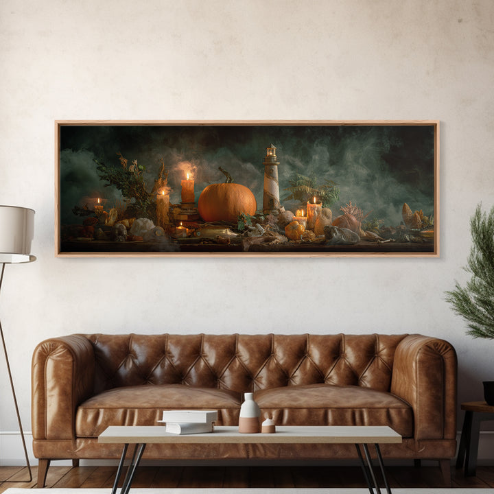 The Pumpkin Moon Lighthouse - Occult Still Life, Occult Wall Decor, Extra Wide Wall Art, Canvas Print, Halloween Home Decor, Gothic Wall Art