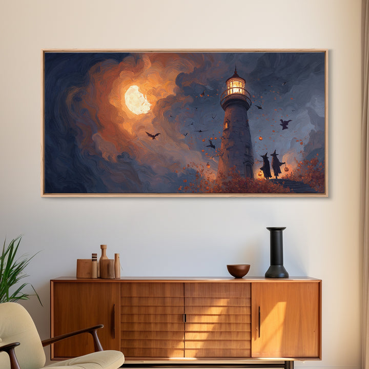 The Pumpkin Moon Lighthouse - Procession Scene, Occult Wall Decor, Wide Panoramic Art, Canvas Print, Halloween Home Decor, Gothic Wall Art