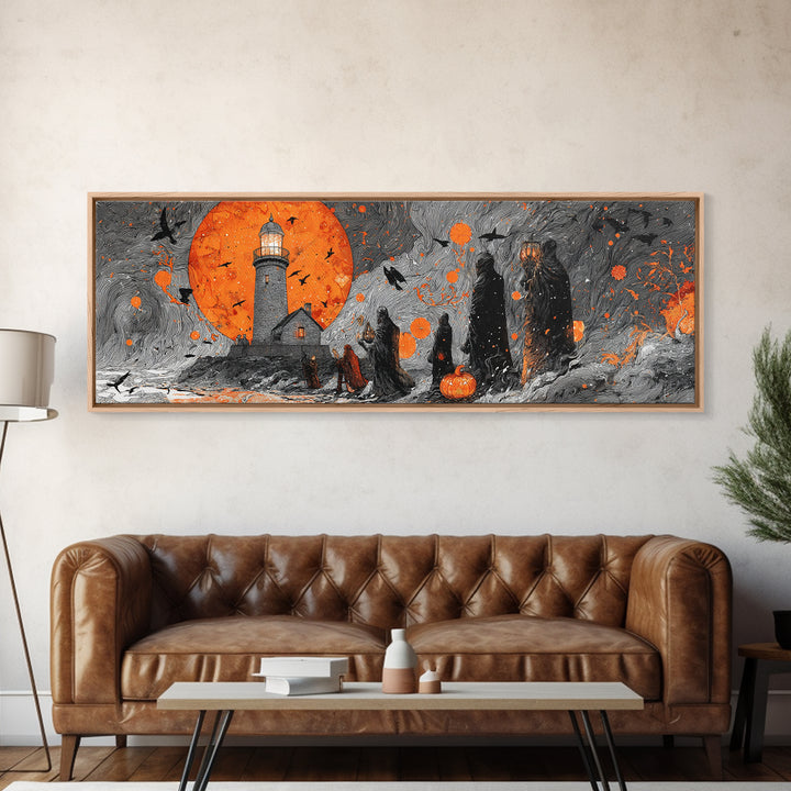 The Pumpkin Moon Lighthouse - Procession Scene, Spooky Wall Decor, Extra Wide Wall Art, Framed Canvas Print, Halloween Home Decor