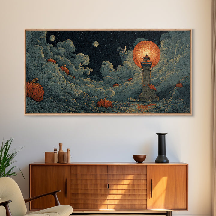 The Pumpkin Moon Lighthouse - Surreal Celestial Vision, Dark Fantasy Wall Art, Wide Panoramic Art, Canvas Print, Halloween Home Decor