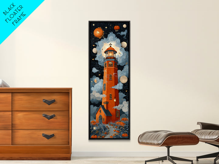 The Pumpkin Moon Lighthouse - Surreal Celestial Vision, Spooky Wall Decor, Tall Narrow Wall Art, Framed Canvas Print, Halloween Home Decor