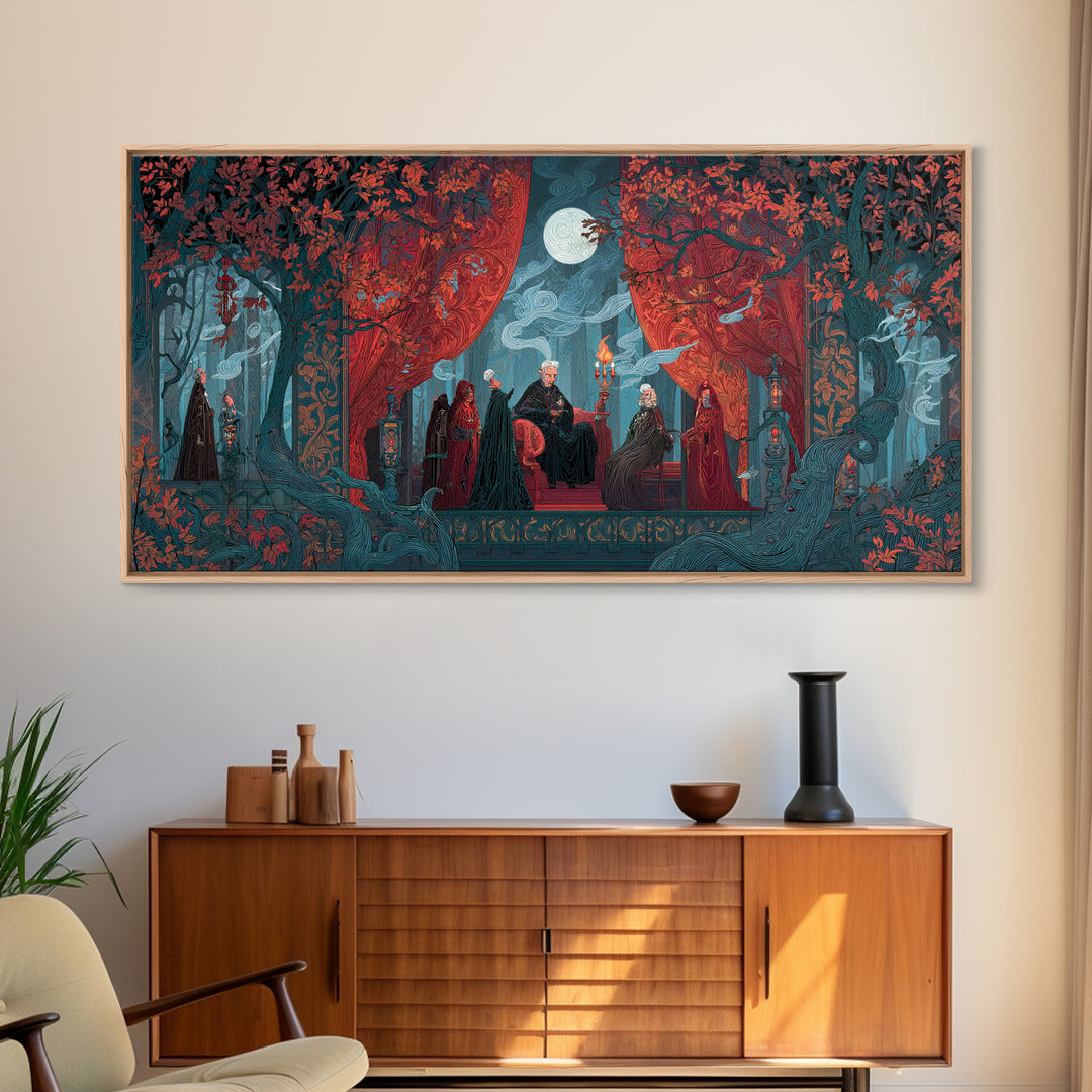 The Velvet Vampire Conservatory - Procession Scene, Gothic Home Decor, Wide Panoramic Art, Canvas Print, Halloween Home Decor