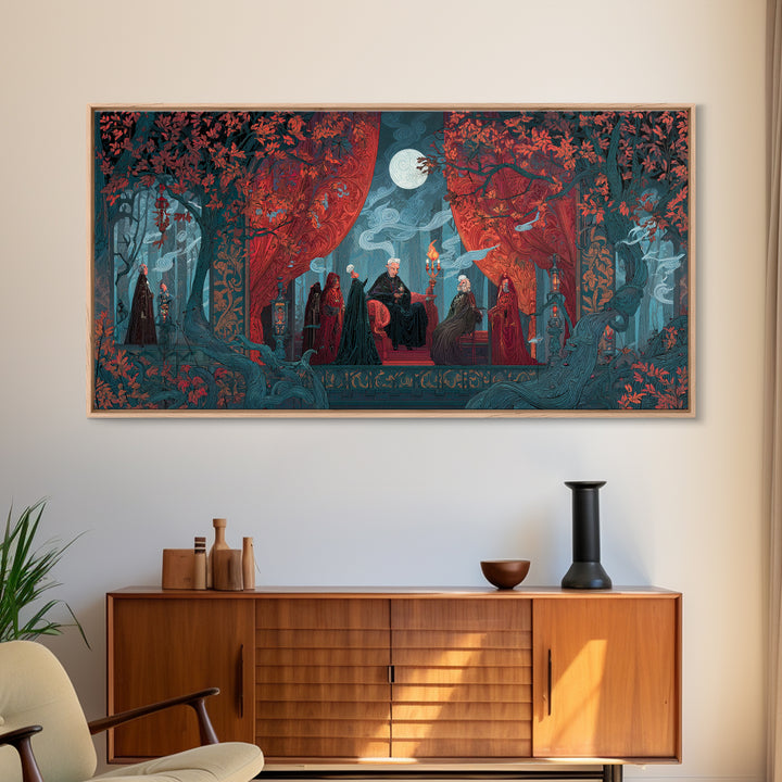 The Velvet Vampire Conservatory - Procession Scene, Gothic Home Decor, Wide Panoramic Art, Canvas Print, Halloween Home Decor