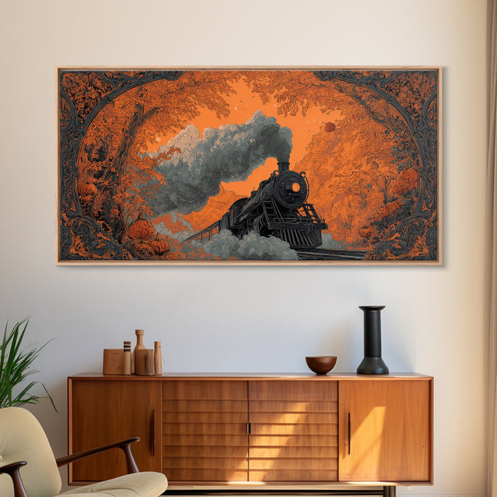 The Phantom Train Of October - Icon Portrait, Spooky Wall Decor, Wide Panoramic Art, Framed Canvas Print, Halloween Home Decor