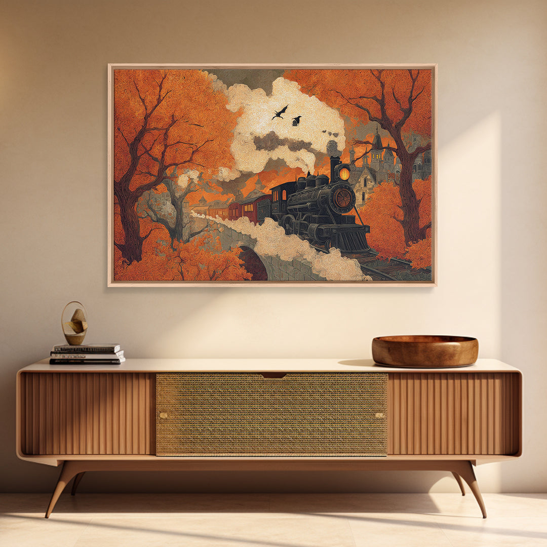 The Phantom Train Of October - Environmental Panorama, Halloween Wall Art, Landscape Wall Art, Framed Canvas Print, Halloween Home Decor