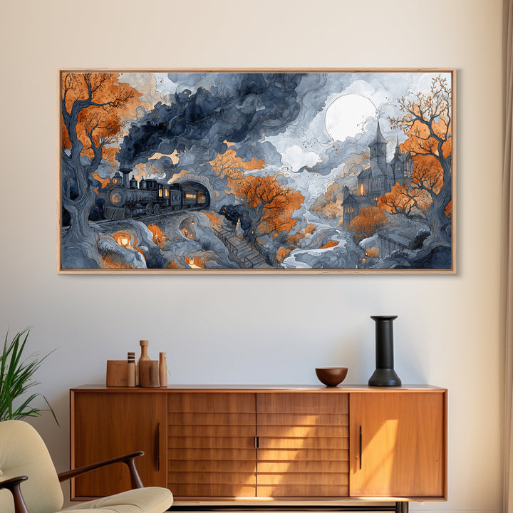 The Phantom Train Of October - Environmental Panorama, Dark Fantasy Wall Art, Wide Panoramic Art, Canvas Print, Halloween Home Decor