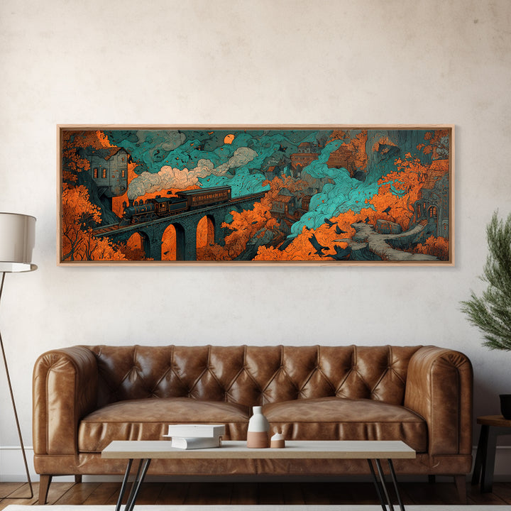 The Phantom Train Of October - Environmental Panorama, Spooky Wall Decor, Extra Wide Wall Art, Framed Canvas Print, Halloween Home Decor